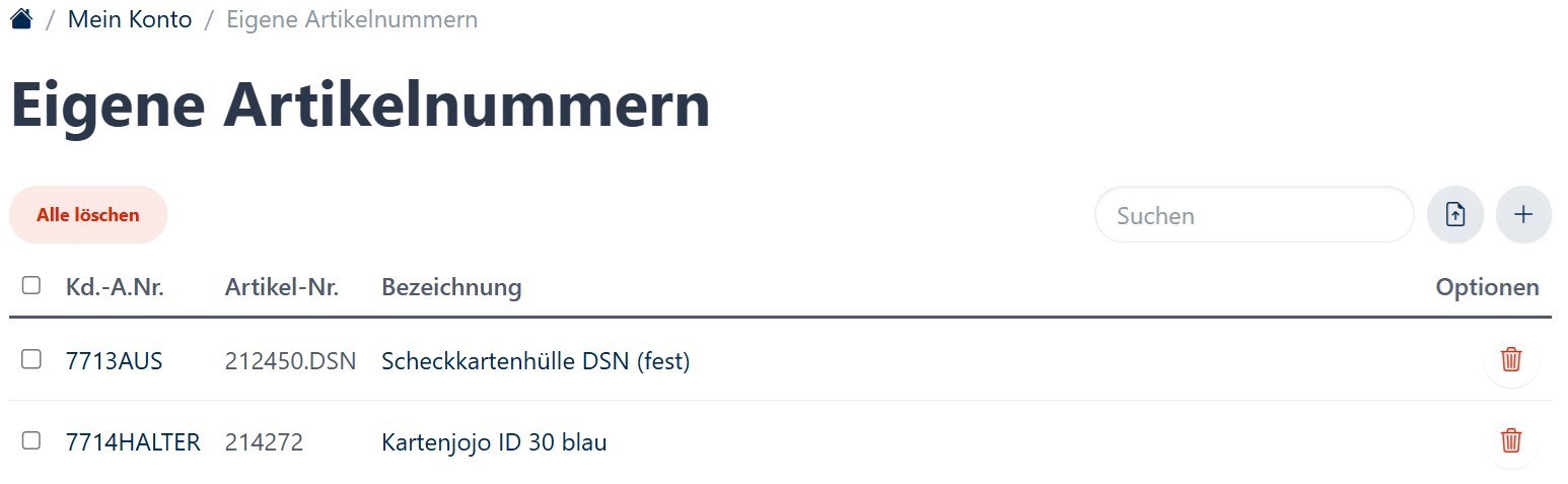Liste eigene Artikelnummer