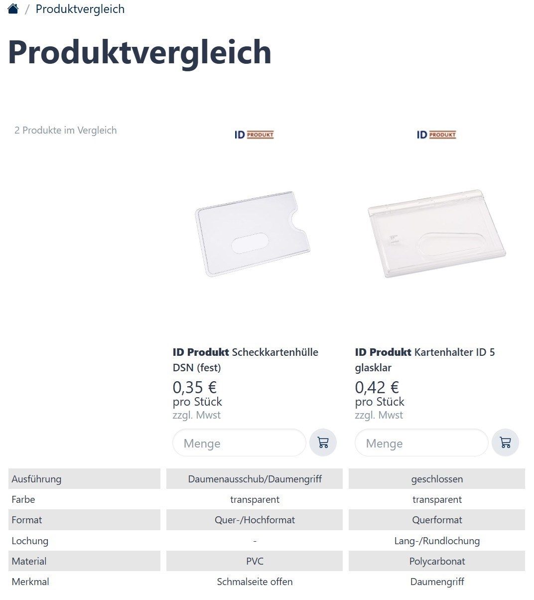Produktvergleich auf der Detailseite